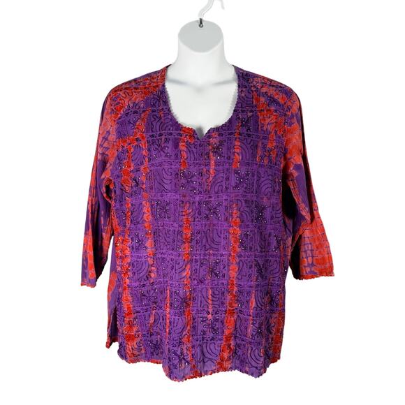 Krishma Top Women Plus Size Purple Red Tie Dye Embroidery Sequins Scalloped Trim - Picture 1 of 11